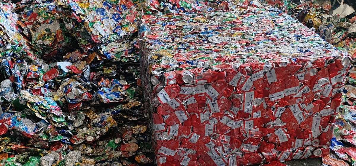 Used aluminum beverage cans and a compacted can bale for a Brazil recycling project