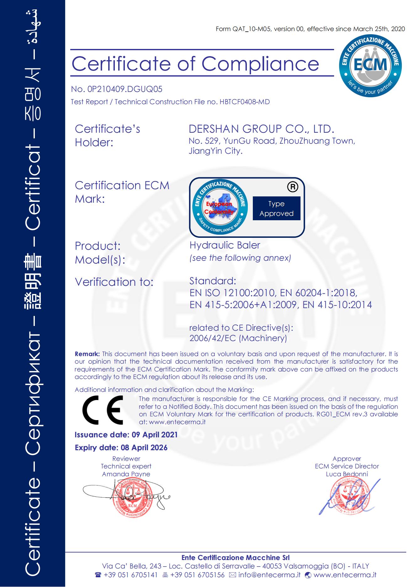 ECM certificate of compliance for hydraulic baler