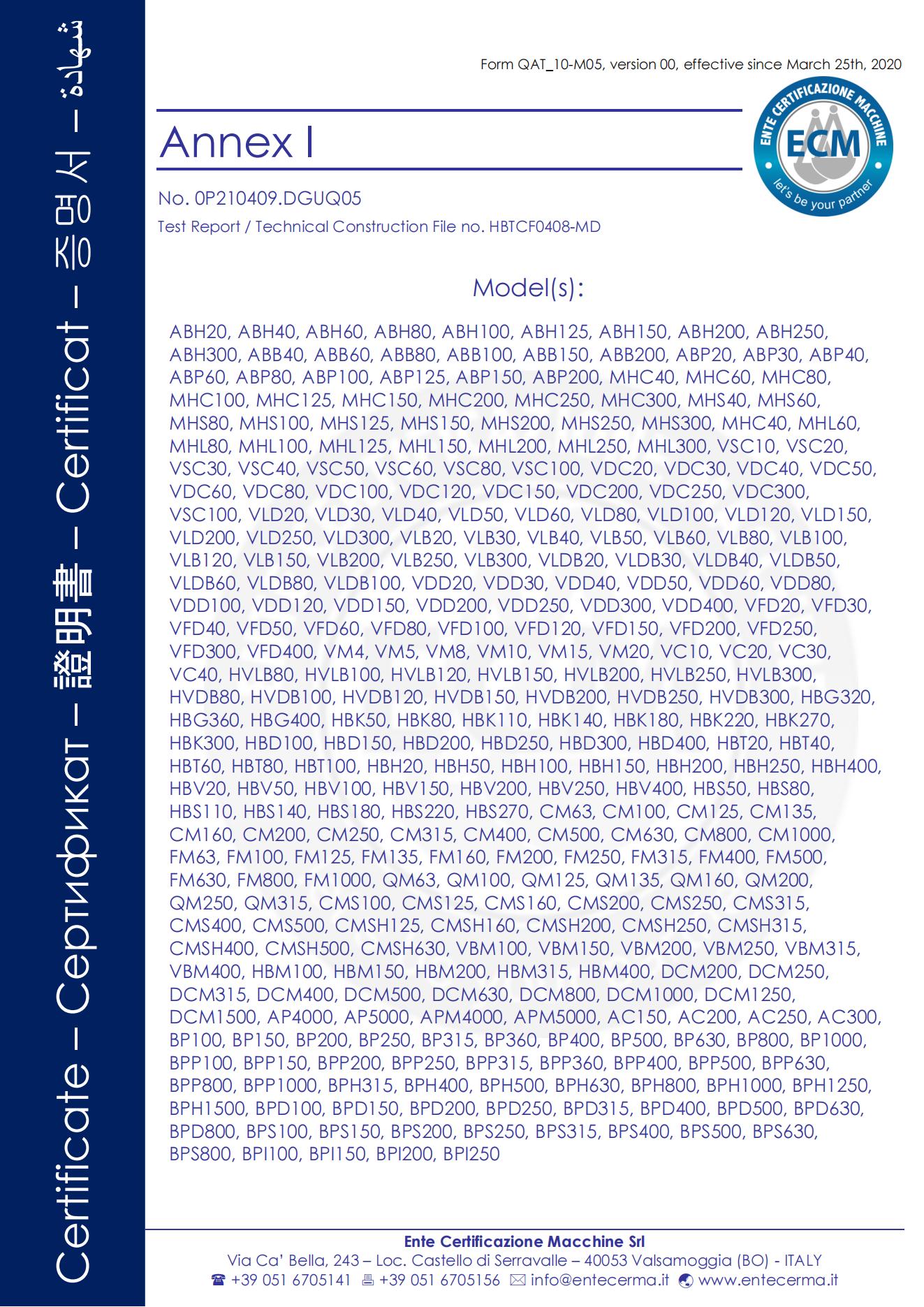 ECM hydraulic baler certificate model annex