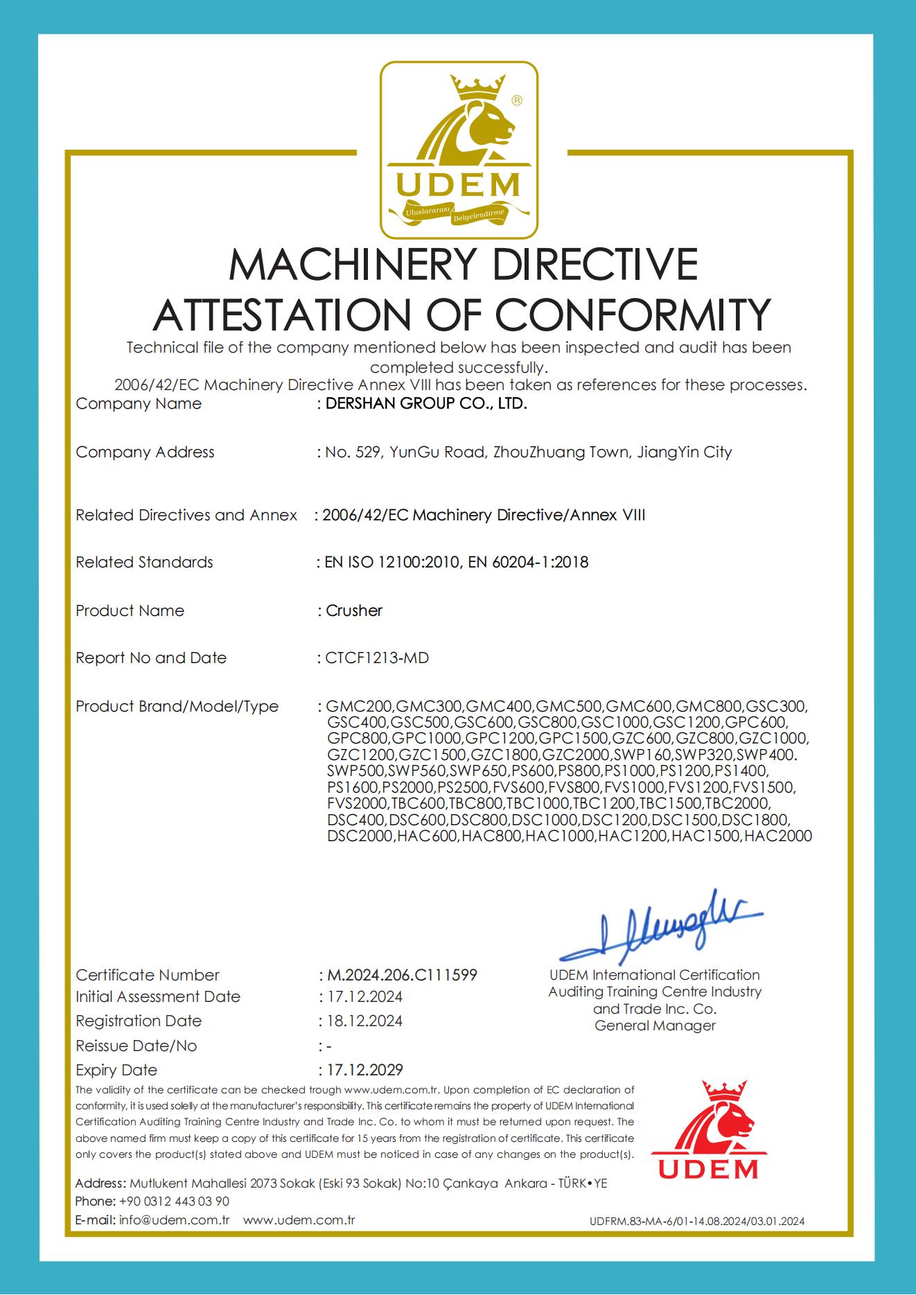 UDEM machinery directive attestation for crusher