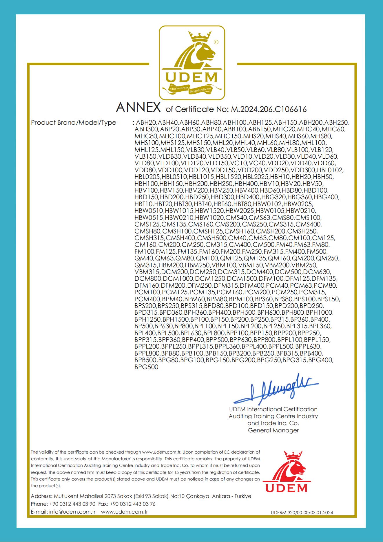 UDEM hydraulic baler certificate model annex