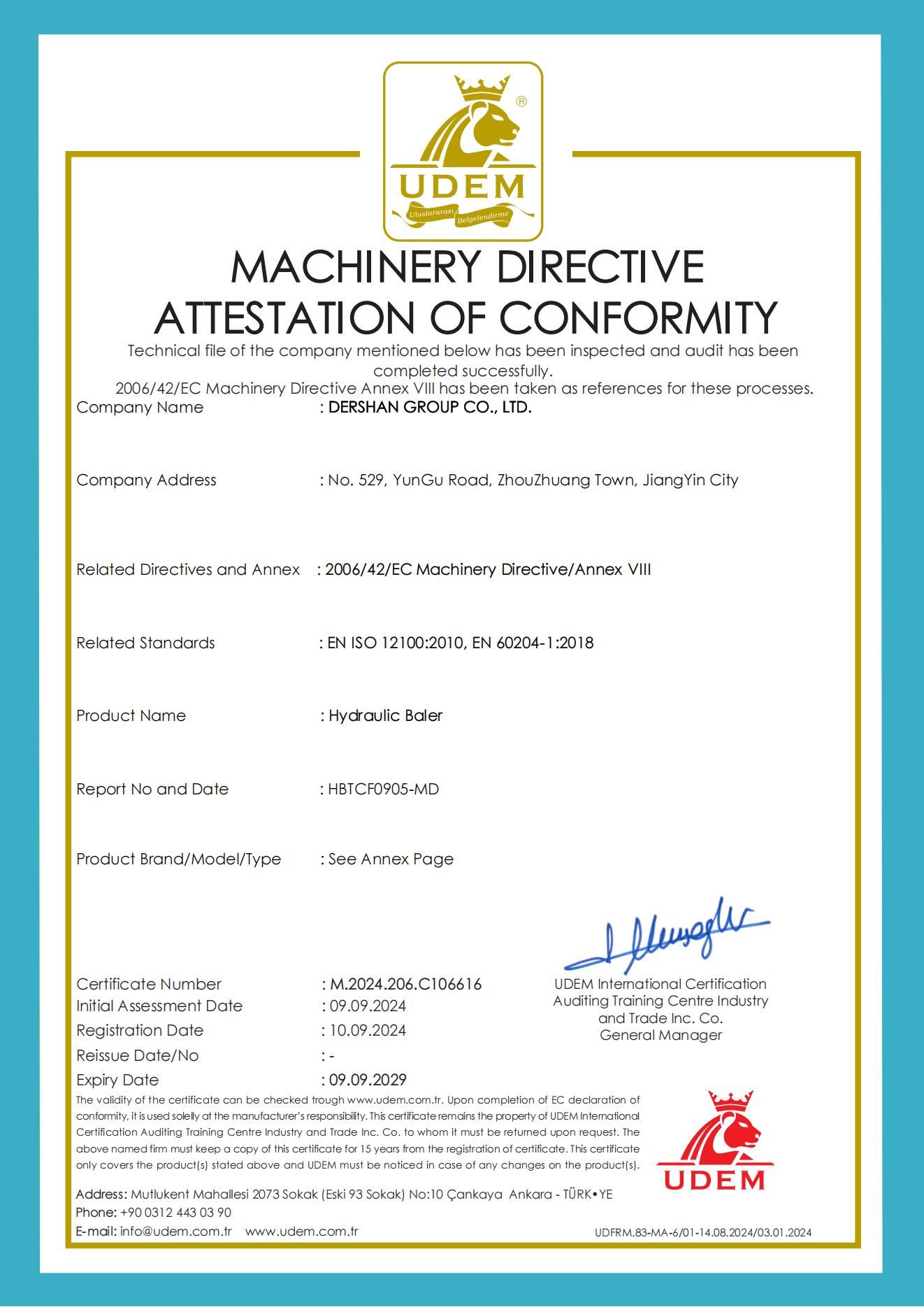 UDEM machinery directive attestation for hydraulic baler