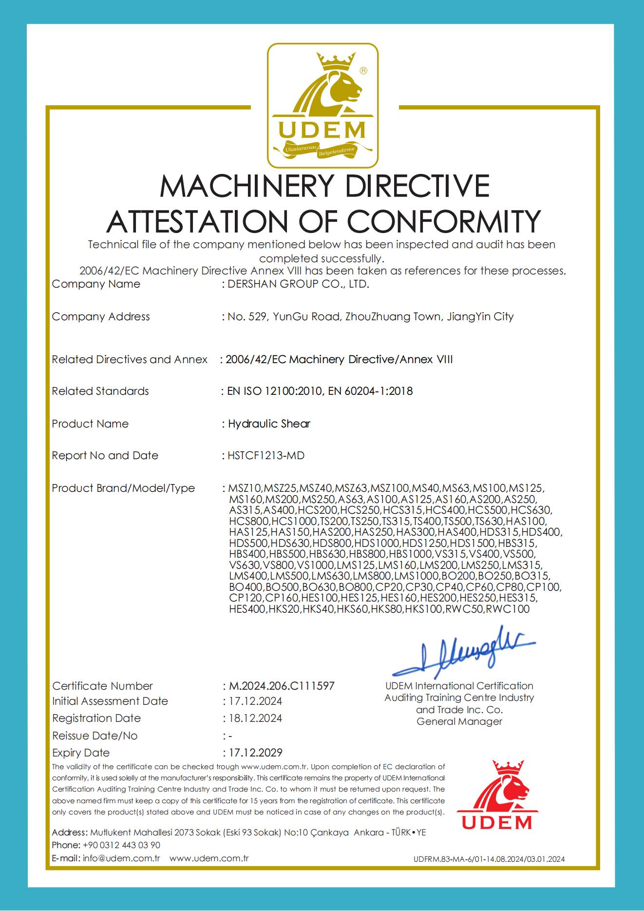 UDEM machinery directive attestation for hydraulic shear
