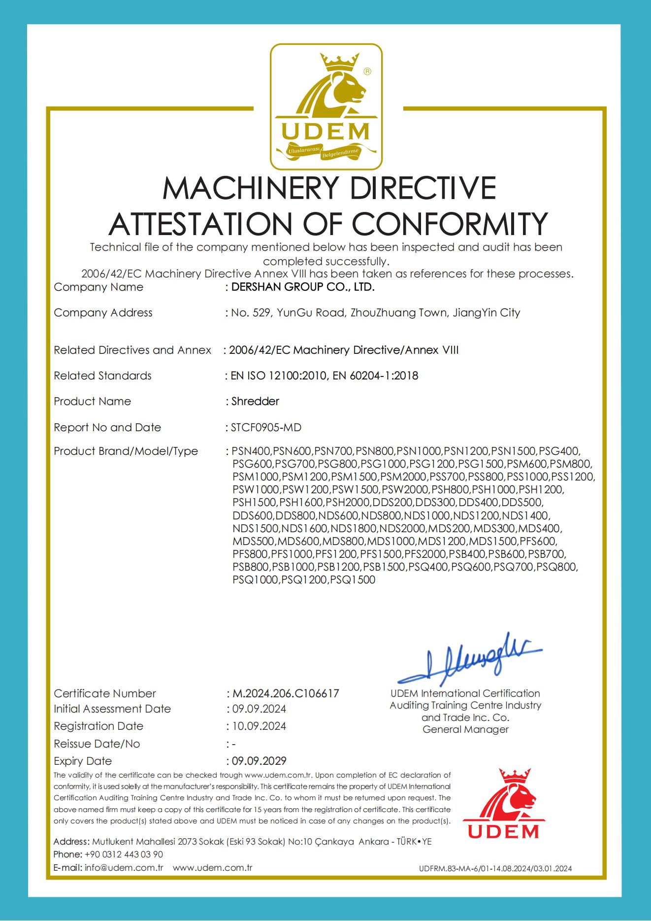 UDEM machinery directive attestation for shredder