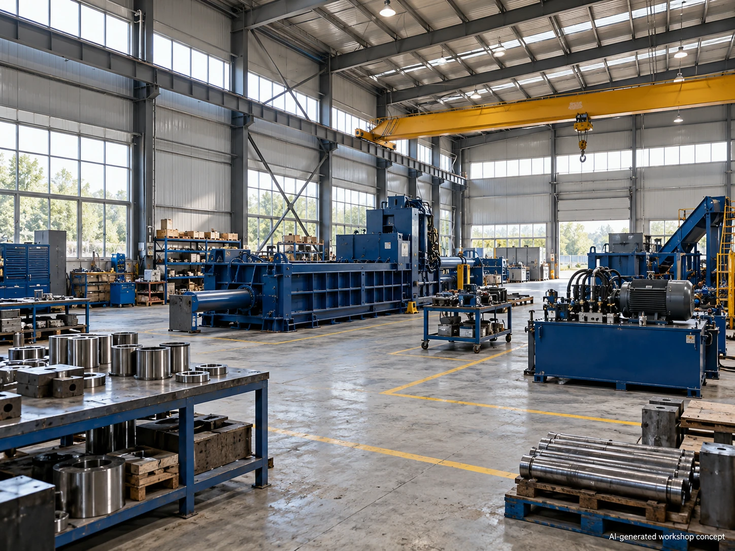 AI-generated workshop interior concept for Deshang showing metalworking equipment and an overhead crane; not a photograph of the actual factory