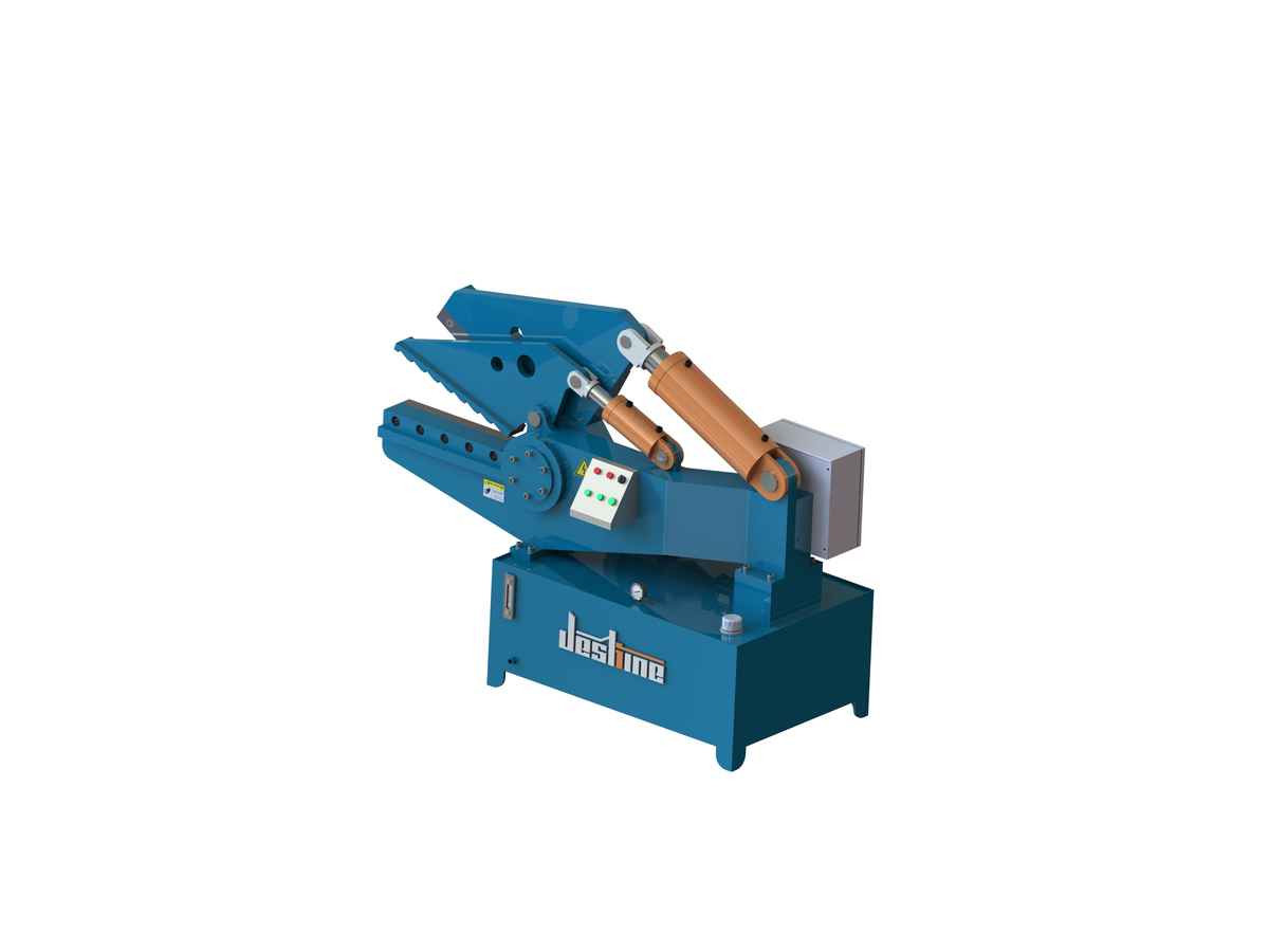 ASY hydraulic alligator shear rendering showing the cutting assembly and hydraulic cylinders from the control side