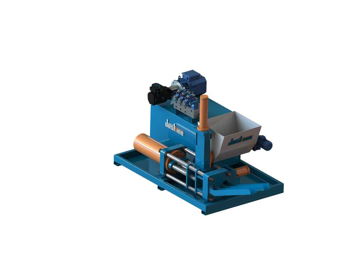 DSD double output metal chip briquetting machine, supplied front three-quarter view rendering