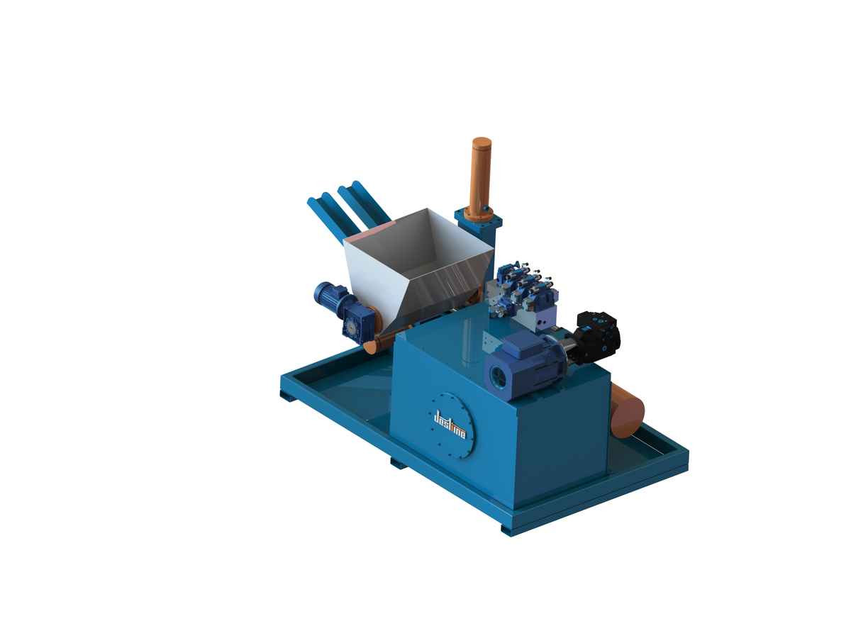 DSD double output metal chip briquetting machine, supplied rear view rendering