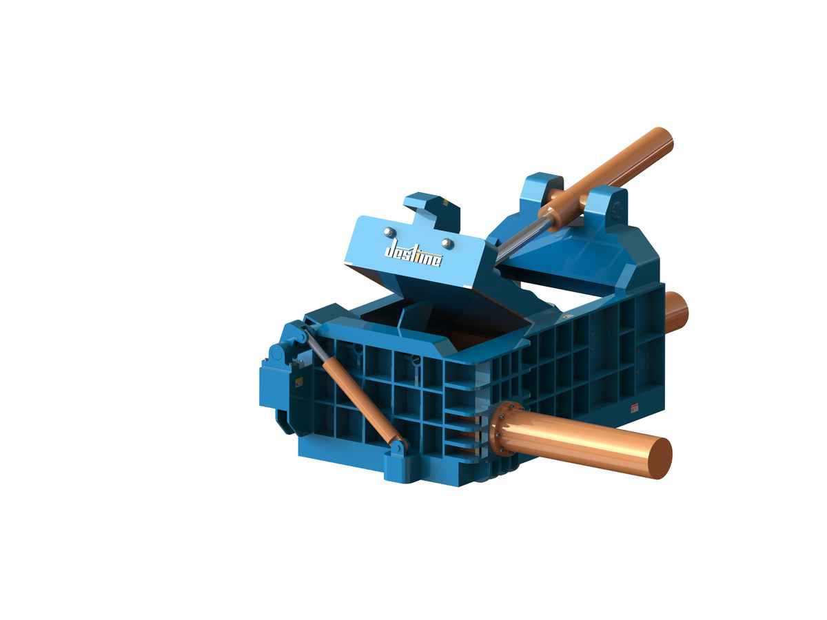 HBF side turn-out scrap metal baler with open chamber and hydraulic cylinders — equipment illustration