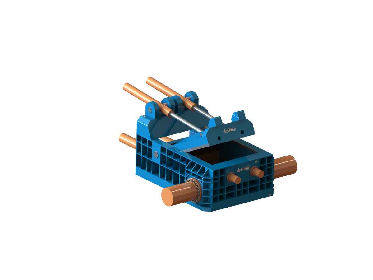 Alternative front view of HBK heavy duty metal scrap baler with twin main cylinders — equipment illustration