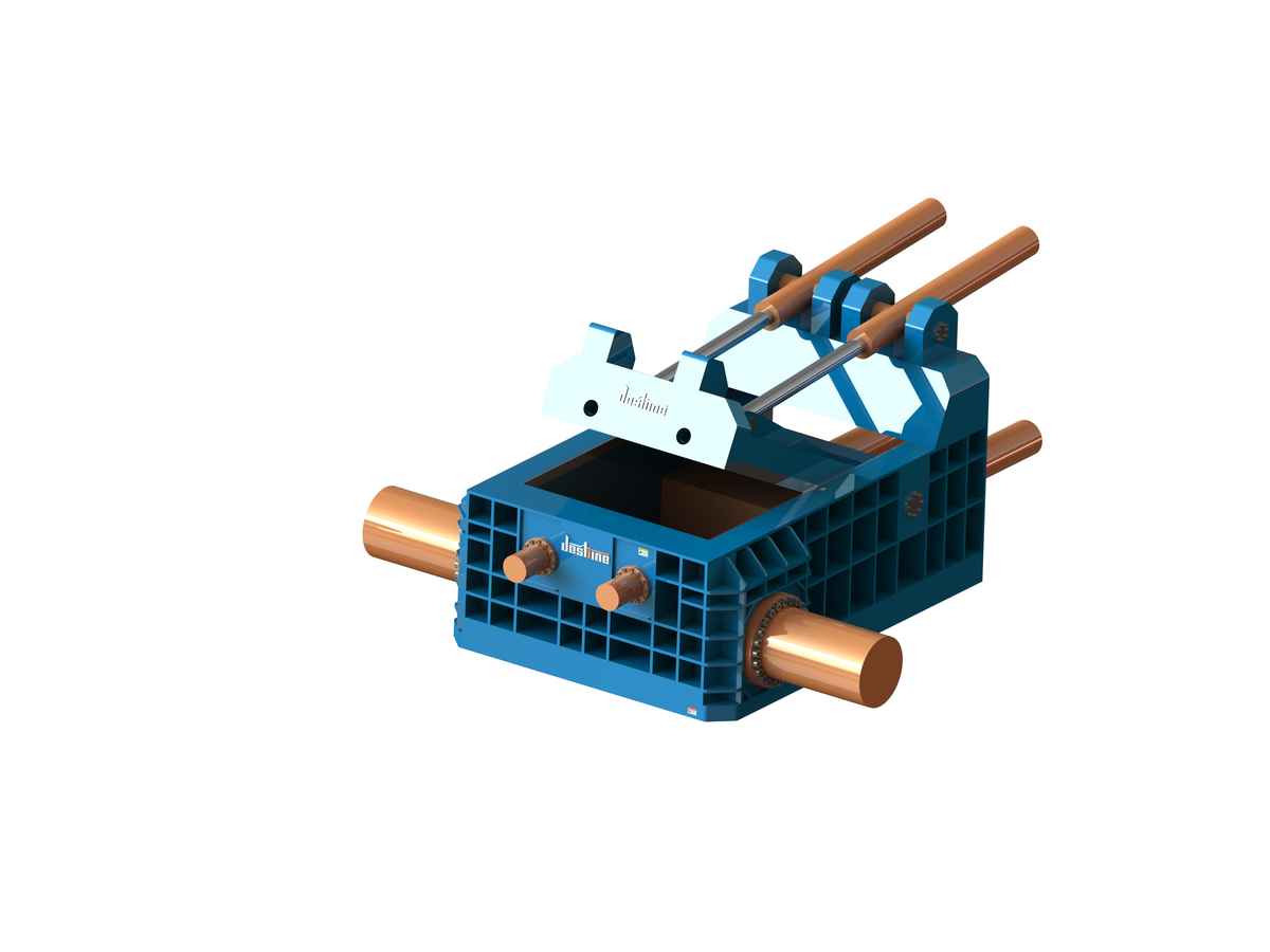 Front view of HBK heavy duty metal scrap baler with twin main cylinders — equipment illustration