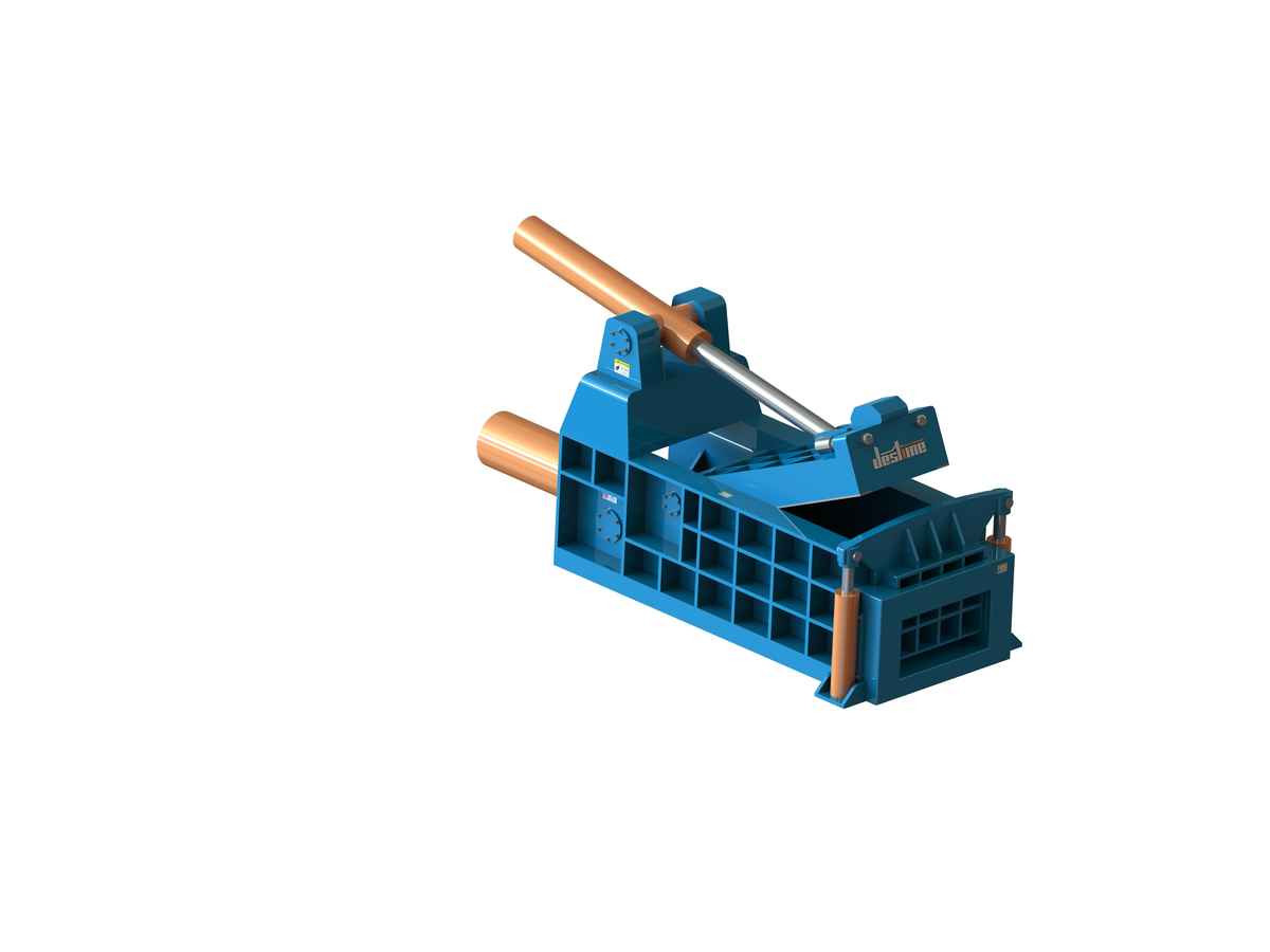 HBQ front discharge metal baler with open charging lid and front bale outlet — equipment illustration