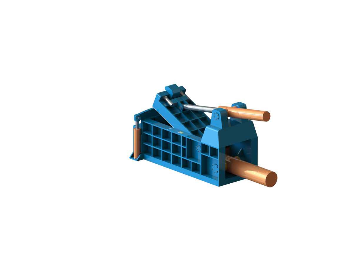 Side view of HBQ hydraulic metal baler showing the charging chamber and cylinders — equipment illustration