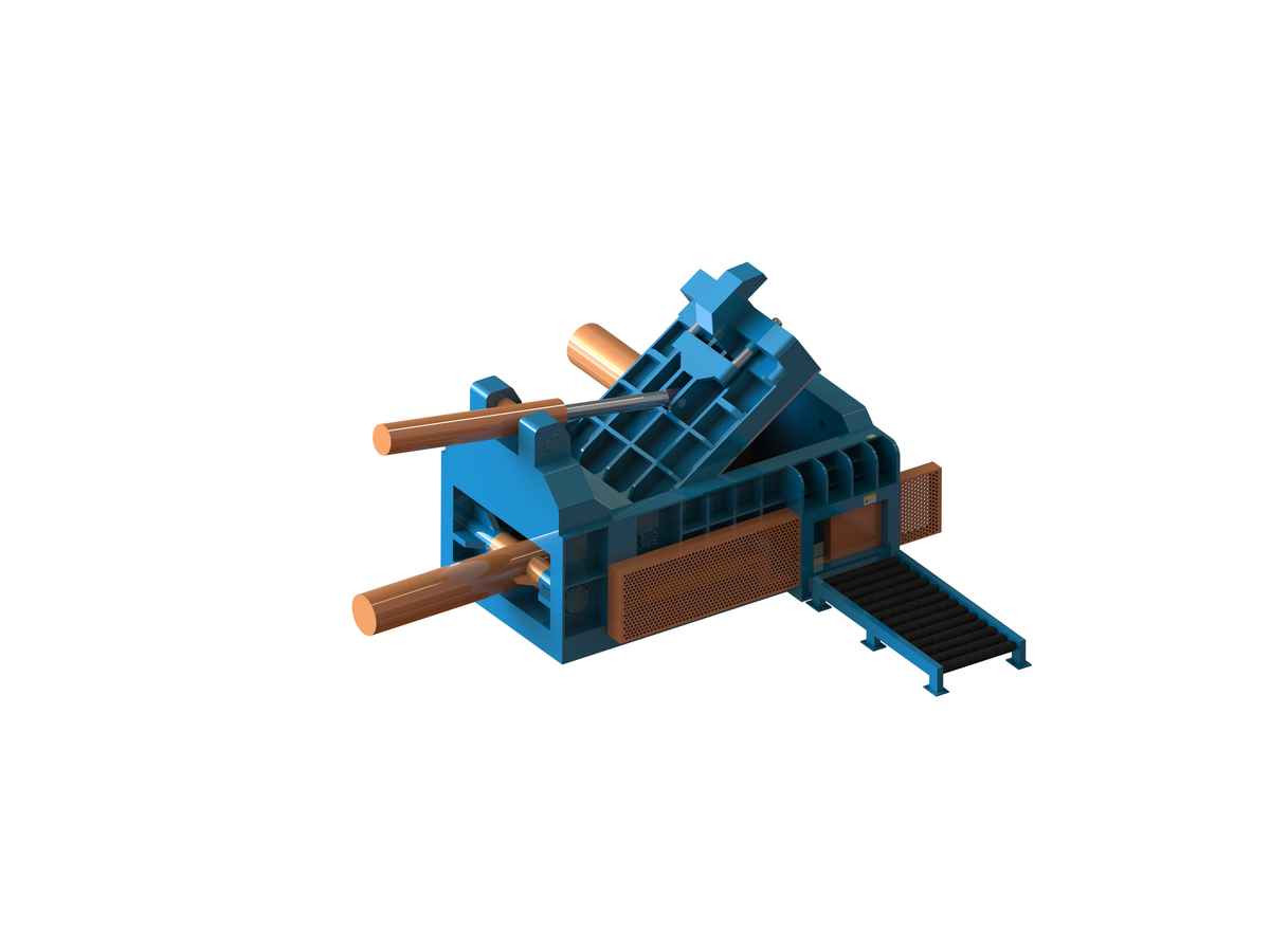 HBT metal scrap baler viewed from the side bale discharge area — equipment illustration
