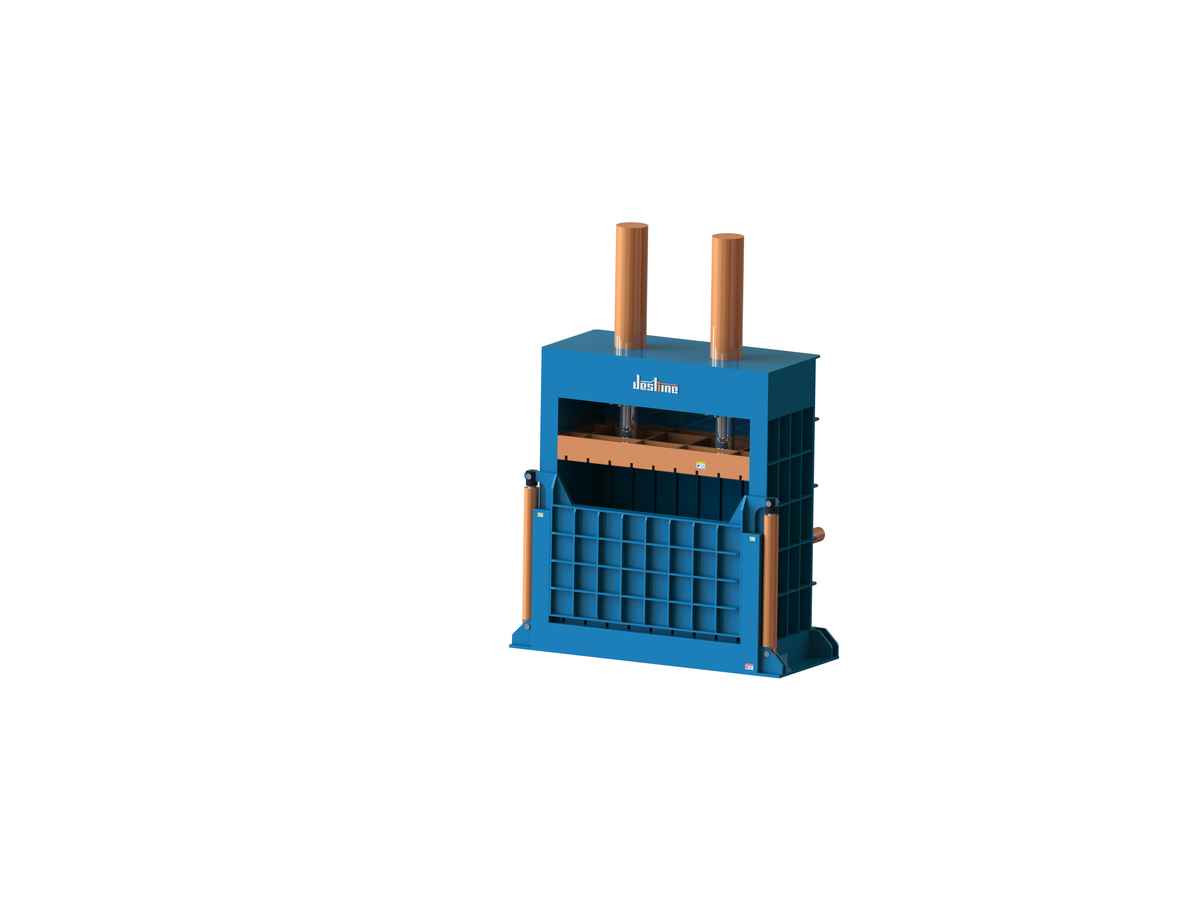 VBT vertical metal baler with front chamber door open for loading and bale removal