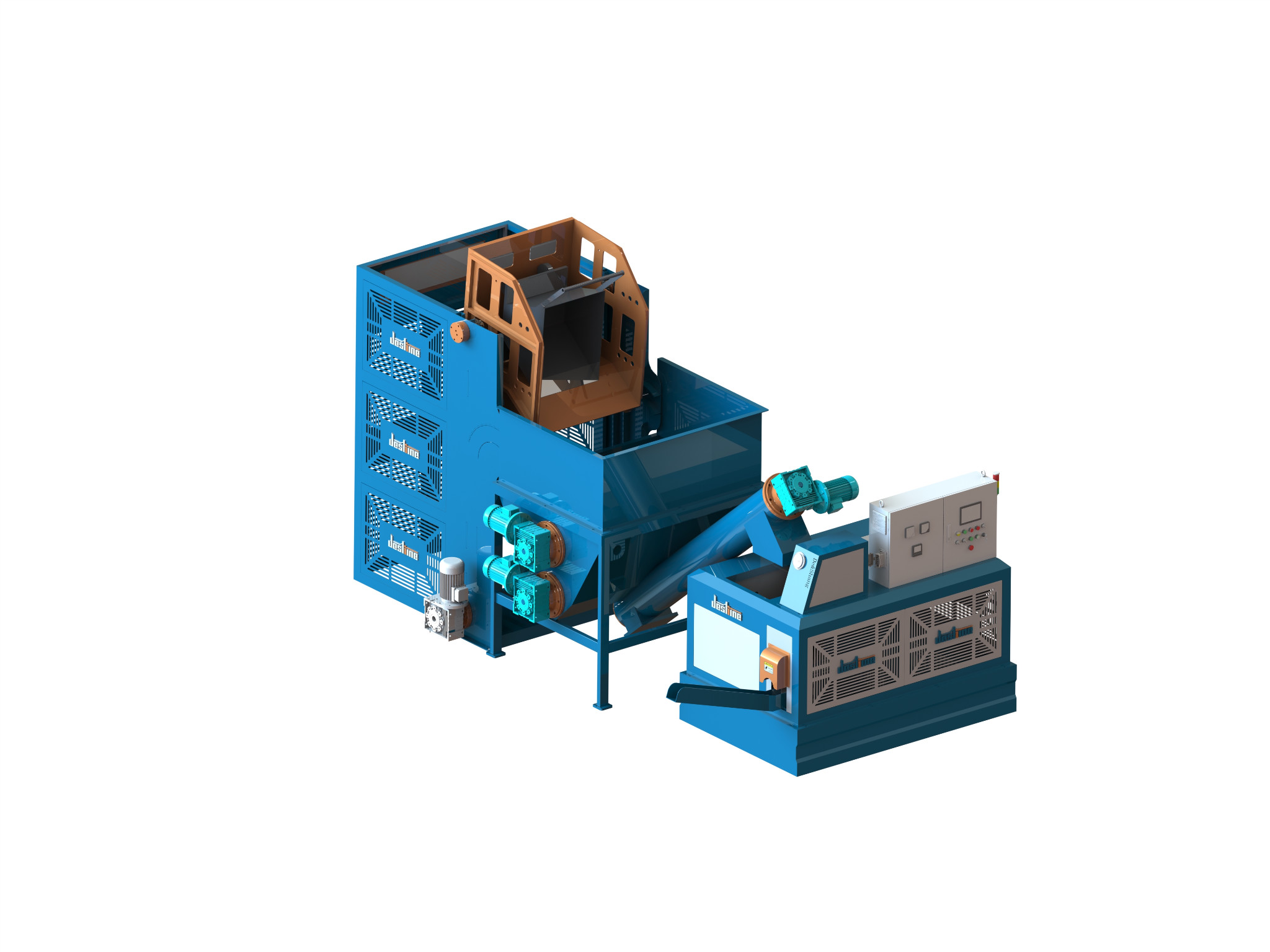 DSS briquetting arrangement with elevated tipping cart, large hopper, inclined screw feeder and press