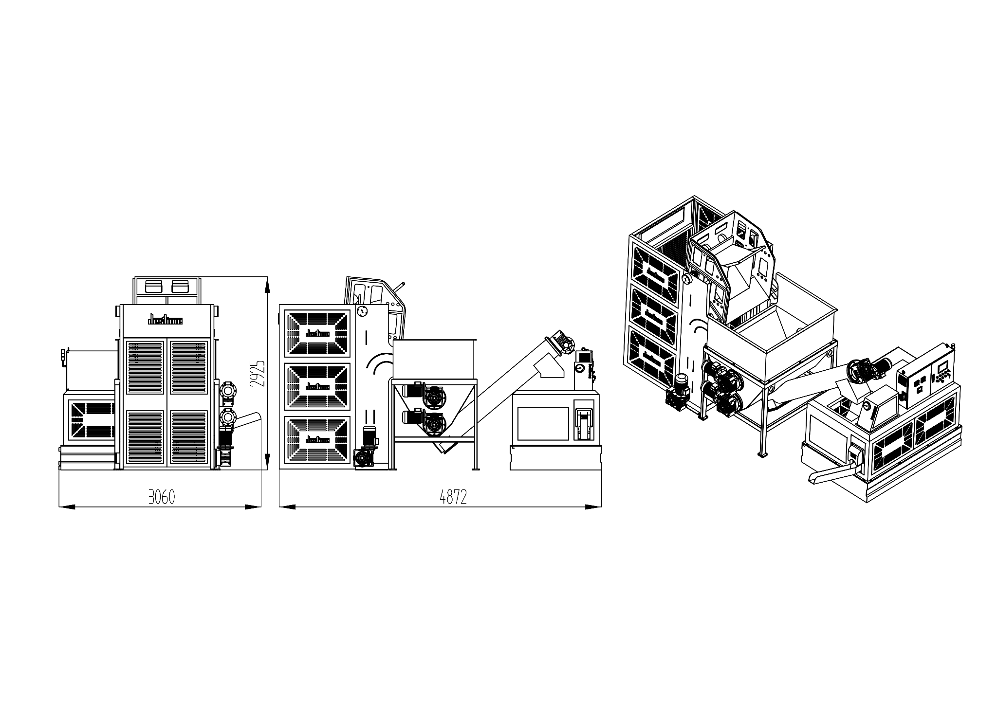 DSS lifting, tipping and large-hopper briquetting layout drawing with front, side and isometric views