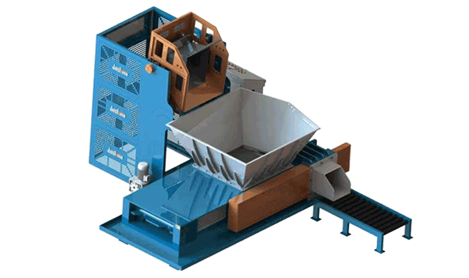 HBW lifting and tipping metal chip baler with raised cart, receiving hopper and discharge roller table