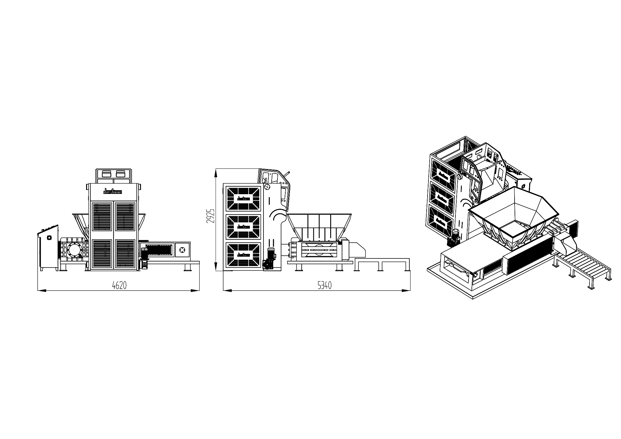 HBW lifting and tipping baler 2D layout with projected and isometric views