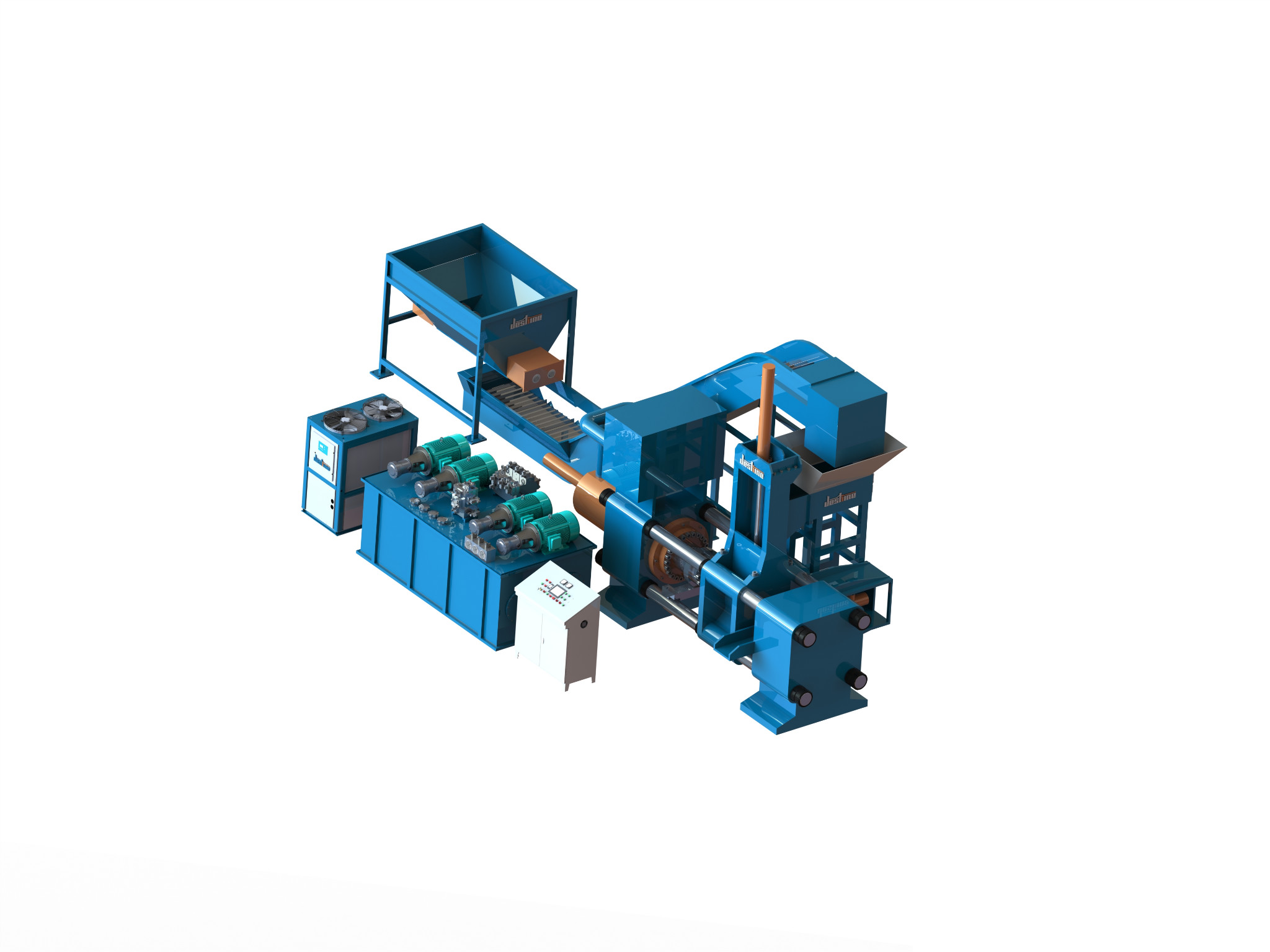 Horizontal metal chip briquetting arrangement with feed hopper, inclined conveyor, horizontal press and service equipment