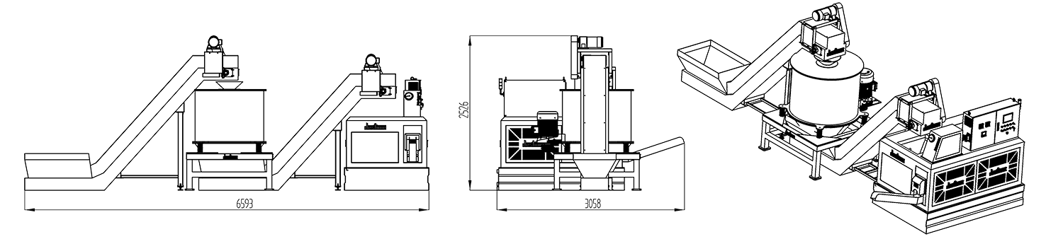 Metal chip centrifugal drying system layout drawing with two orthographic views and an isometric view