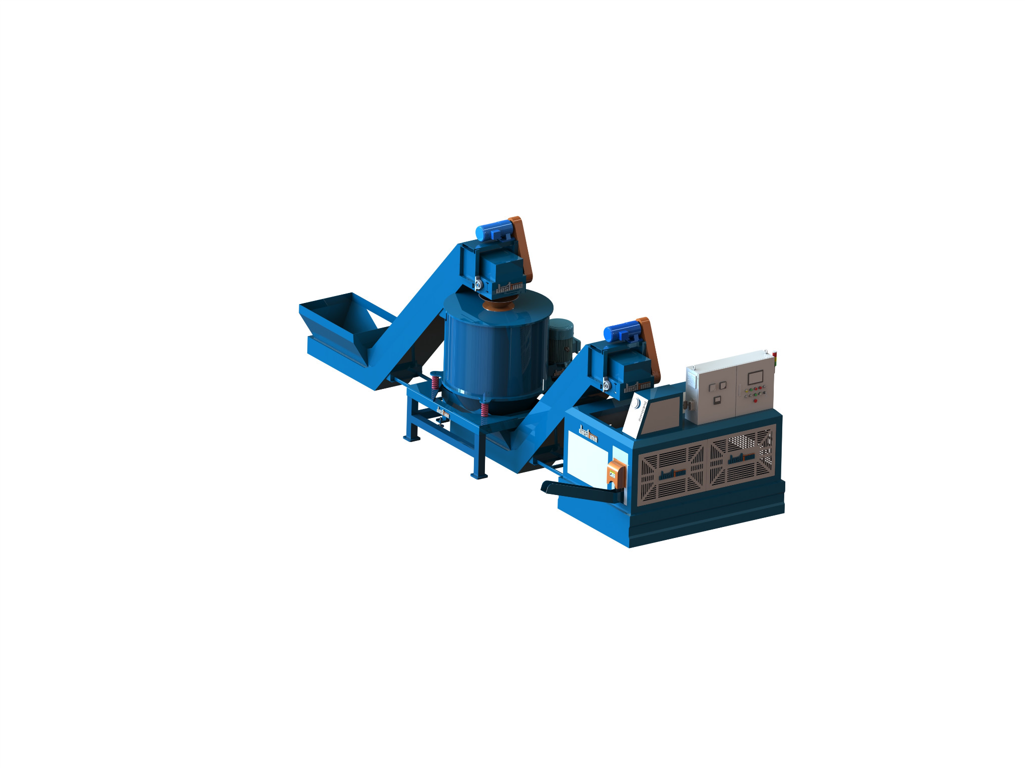 Metal chip centrifugal drying system render with dryer and control cabinet visible
