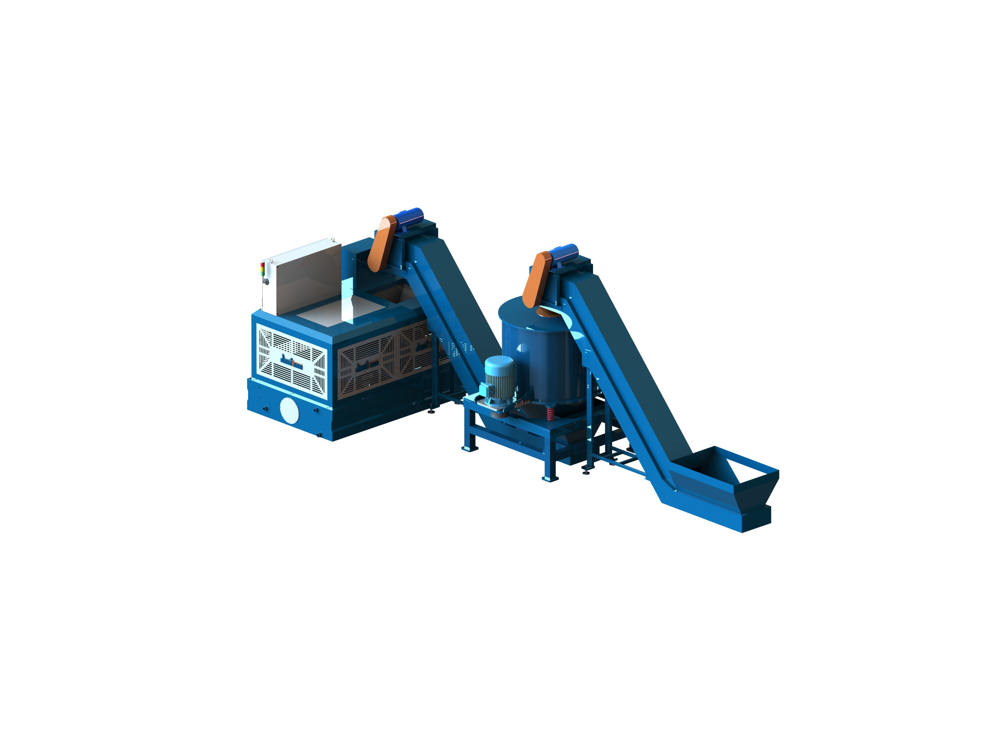 Full metal chip centrifugal drying system render showing inlet conveyor, cylindrical dryer and downstream unit