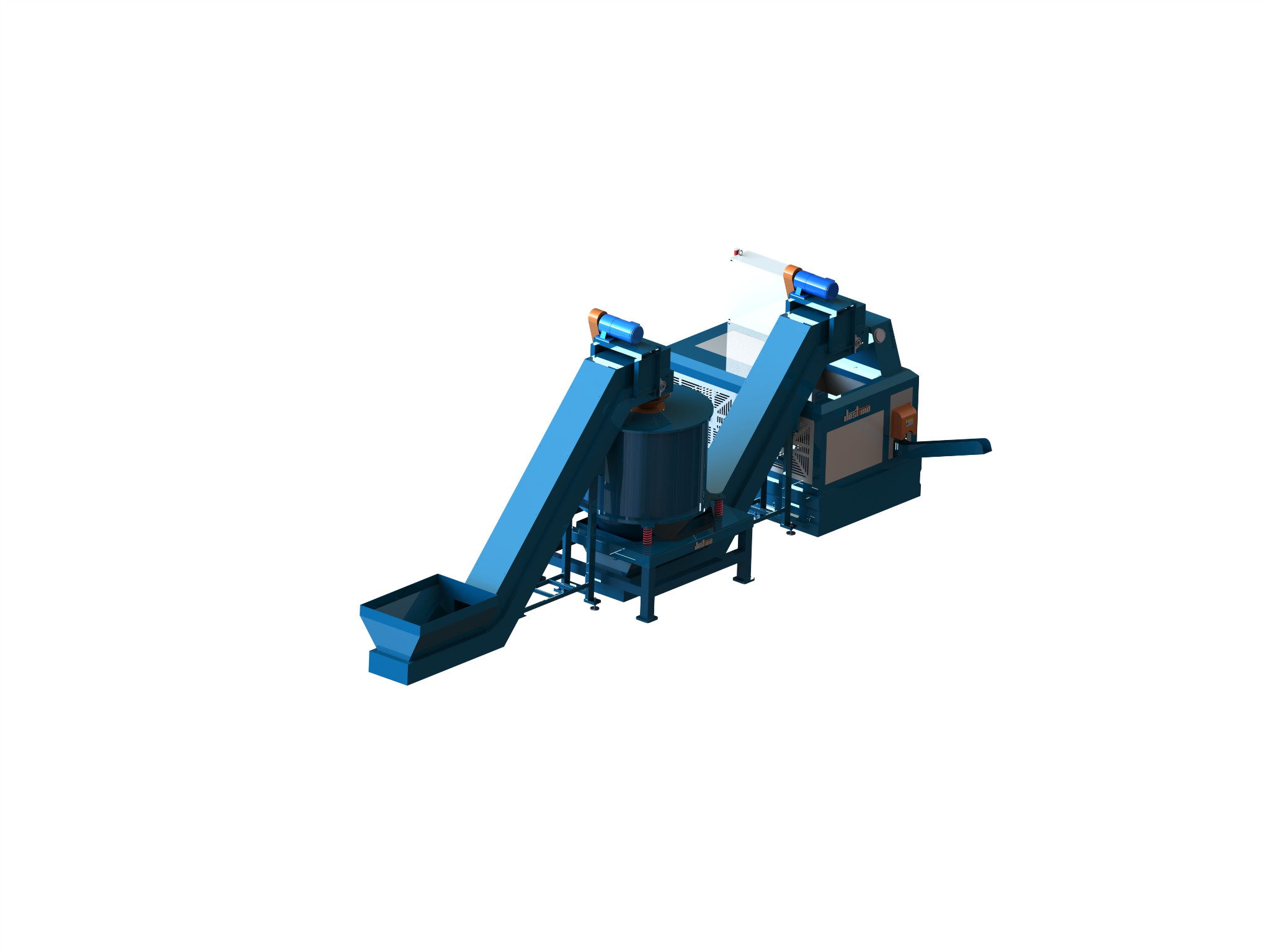 Opposite-side render of the metal chip centrifugal drying system and inlet conveyor